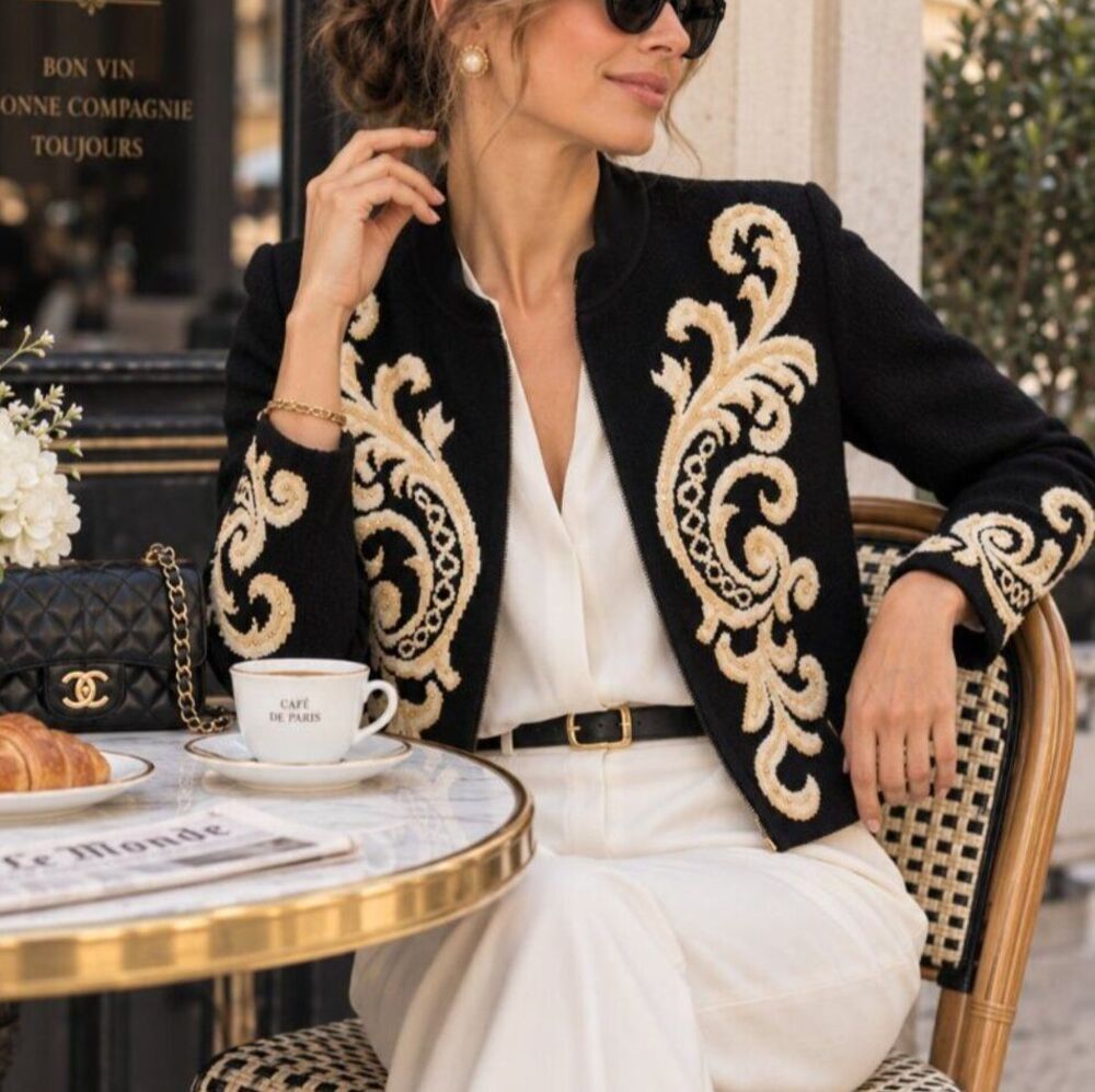 Vintage Premier Cardigan Sweater Jacket Black Gold Baroque Scroll Knit Wool 4